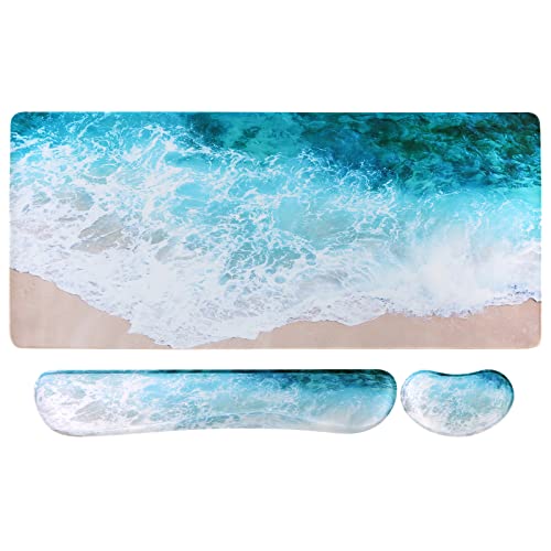 iCasso Beach 3Pcs Table Mat, 35.4"x15.7" Keyboard Pad for Workspace | Modern Thick Desk Pad Including Keyboard Wrist Rest, Mousepad Set for Computer Gaming Vanity Office Workspace Area - color: Beach