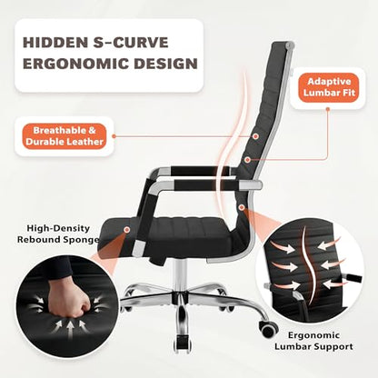 Furmax Ribbed Office Chair High Back PU Leather Executive Conference Chair Adjustable Swivel Chair with Arms, Black - color: Black