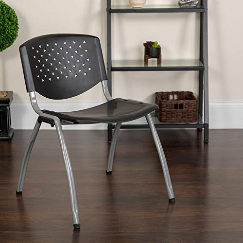 EMMA + OLIVER Home and Office Black Plastic Stack Chair with Perforated | Powder Coated, 880 LBS. Weight Capacity - color: Black
