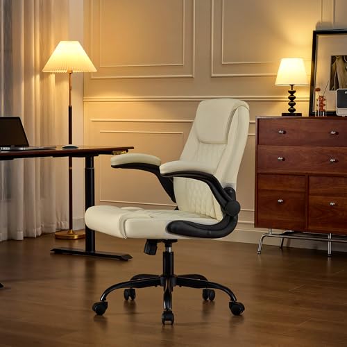 Executive Office Chair with Lumbar Support & Flip-up Arms, Beige | Ergonomic Desk Chair, 90–115° Tilt & Rocking, 20.1" Wide Seat, PU Leather, for Home Offices & Conference Rooms, 300Lbs - color: Beige