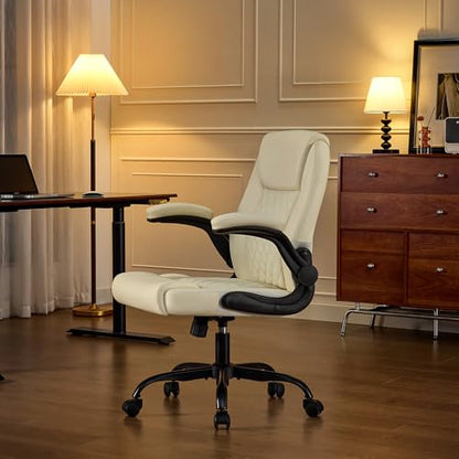 Executive Office Chair with Lumbar Support & Flip-up Arms, Beige | Ergonomic Desk Chair, 90–115° Tilt & Rocking, 20.1" Wide Seat, PU Leather, for Home Offices & Conference Rooms, 300Lbs - color: Beige