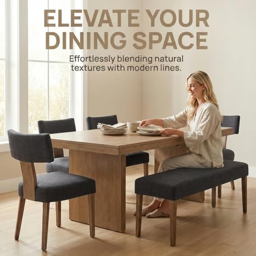 HNY Mid Century Modern Dining Chairs, Linen Fabric Upholstered and Curved Backrest Kitchen Chairs Set of 2, with Hardwood Frame, Charcoal - color: Charcoal Curved