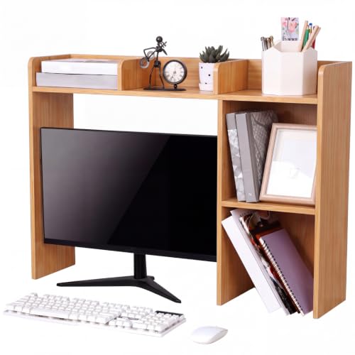 Briwooody Dorm Desk Bookshelf Desk Hutch Organizer with 5 Shelves and 3 Tier Desktop Hutch Storage Organizer for College Dorm Home Office Supply, 32.5 x 23.5 x 8 Inch(Bamboo and Wood) - color: Bamboo and Wood