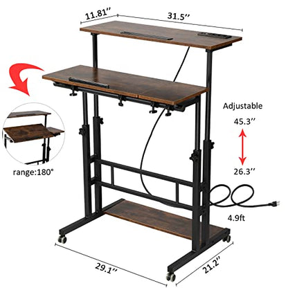 Hadulcet Mobile Standing Desk Adjustable Height, Rolling Desk Stand Up Desk, Mobile Laptop Desk, Rolling Computer Desk with Charging Station, Portable Desk with Wheels, Rustic Brown - color: Rustic Brown, size: 31.5" With Charging Station