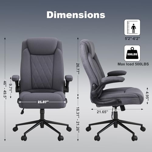 ralex-chair Big and Tall Office Chair -500 lb Heavy Duty Office Chair for Big Man, Fabric High Back Executive Office Desk Chair with 120° Tilt Rock,Computer Desk Chair with flip up arm - Grey - color: Grey, size: set of 1
