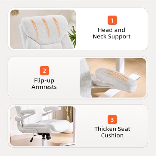 Ergonomic Home Office Chair Fabric Comfy Computer Chair, White | Flip-up Armrest, Height Adjustable, Lumbar Support, 360° Swivel Wheels Managerial Executive Chairs for Work Gaming Home Use - color: White