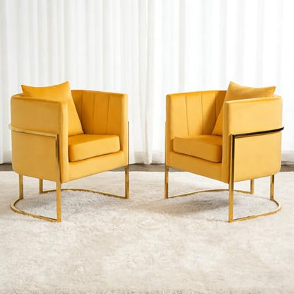 Velvet Accent Chair, Modern Barrel Arm Chair for Living Room/Bedroom/Guest Reception, Upholstered Club Armchair with Pillow & Gold Base, Yellow - color: Yellow, size: 1 PC