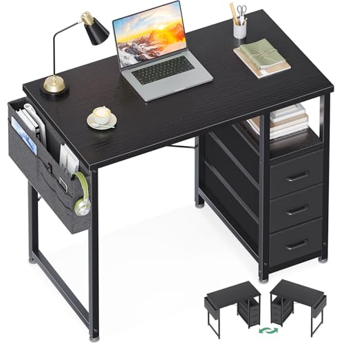 AODK 32 Inch Small Computer Desk with Fabric Drawers, Black | Mini Desk with Storage Shelf & Bag, Kids Study Desk for Bedroom, Home Office Desk for Small Space - color: Black, size: 32-Inch