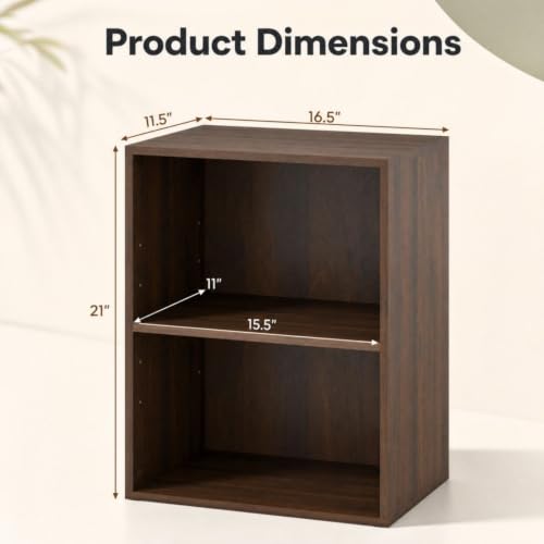 GOFLAME 2 Cube Bookcase, 2-Tier Book Shelf with 5 Position Adjustable Shelf, Wooden Bookshelf, Modern, Small Freestanding Cubby Storage Organizer for Living Room, Home Office, Study (1, Dark Walnut)