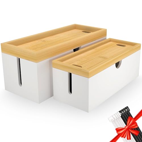 Bamboo Cable Management Box, Large Cord Organizer Box Cable Box to Hide Wires & Power Strips for Desktop Storage Cord Holder for Office Home,No Assembley Required - color: 1White, size: 2 Packs (Medium + Large)