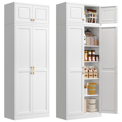Polup 86" Tall Metal Kitchen Pantry Storage Cabinet with Doors and Shelves | Heavy-Duty White Cabinet, 4 Adjustable Shelving, Gold Handles, Magnetic Latch, for Dining Living Room, Bathroom & Garage - color: White, size: 86"H