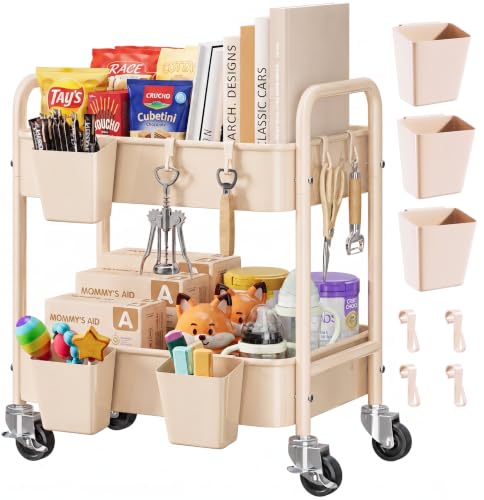 Beige 2 Tiered Small Rolling Cart on Wheels, Diaper Caddy Bedside Cart for Baby Nursery Essentials, Metal Under Desk Short Rolling Snack Carts for Bathroom, Under Table Side, Art, Craft, Makeup,Office - color: Gentle‌ Beige, size: 2 Tier + Cups + Hooks