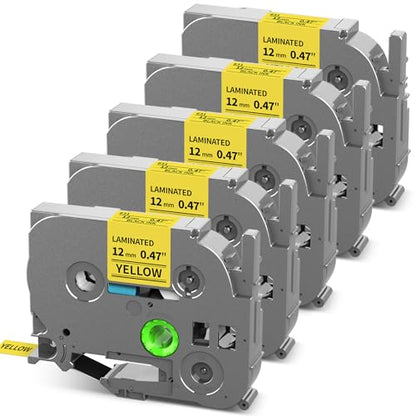 TZe TZ Tape 12mm 0.47 Laminated Yellow TZe-631 Replace for Brother TZE631 | Black on Yellow Label Maker Tape 1/2" P-touch Tape for Brother Ptouch PT-D220 D210 H110 D200 D400 1280 D610BT Refills, 5-Pack - color: Black on Yellow