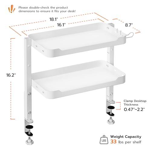 ARES WING 2-Tier 16 inch Clamp On Desk Shelf, Above or Under Desk Storage | Adjustable Desktop Organizer Shlef Holds 66 lbs Heavy Duty, with Headphone Holder for Working and Gaming Accessories, White - color: White, size: Dual Shelf