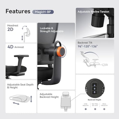 Ergonomic Office Chair-Home Office Desk Chair with Footrest, Auto-Following Backrest & Headrest, 4D Armrests, 96°-136° Recline (Black, 2D Headrest) - color: Black, size: 2D Headrest