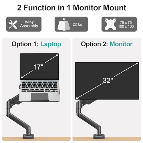 MOUNT PRO Laptop Arm Mount for Desk, Fits Max 17" Notebook and 32" Monitors | 2 in 1 Function Monitor Laptop Stand Holds up to 22lbs, Aluminum Single Monitor Holder with Adjustable Tray - size: Without Pole