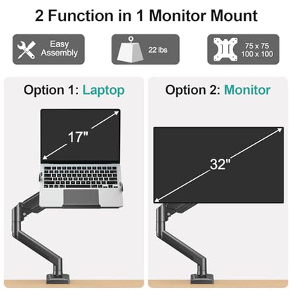 MOUNT PRO Laptop Arm Mount for Desk, Fits Max 17" Notebook and 32" Monitors | 2 in 1 Function Monitor Laptop Stand Holds up to 22lbs, Aluminum Single Monitor Holder with Adjustable Tray - size: Without Pole