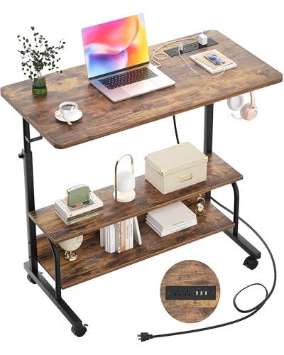 Armocity 32" Rolling Standing Desk with Charging Station for Couch Bed - color: Rustic Brown, size: 32''