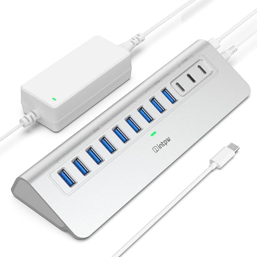 Powered USB Hub 10Gbps, intpw YH9AC 12-Port USB 3.2 Hub (USB C 3.2+2 USB A 3.2, 7 USB 3.0, 2 PD 45W Charging Ports), 65W Power Adapter + 3.3FT Cable, Aluminum USB Hub for PC/Laptop/iPhone 17/16/PC - color: Silver, size: 12 Port