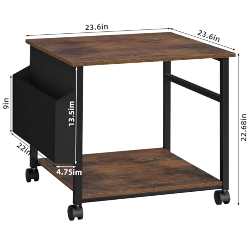 Lerliuo Brown Large Printer Stand with Storage | 23.6" W x 23.6" D x 22.8" H Printer Table for Home Office, Rolling Printer Cart Holder with Lockable Wheels & Side Pocket - color: Brown