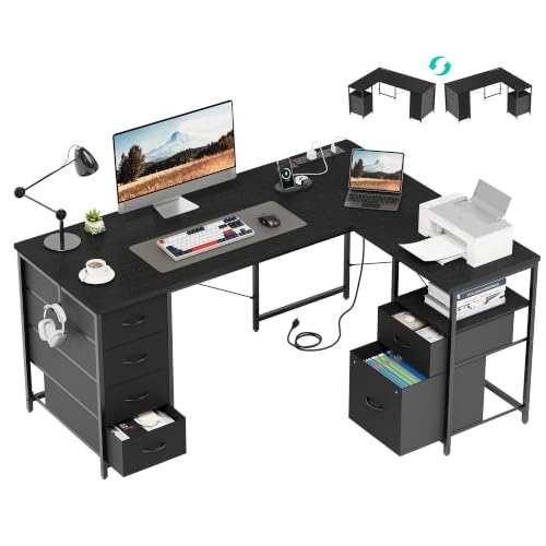 YOUDENOVA 55 Inch L Shaped Office Desk with 6 Drawers & Type-C Port, Black - color: Black, size: 55 Inch
