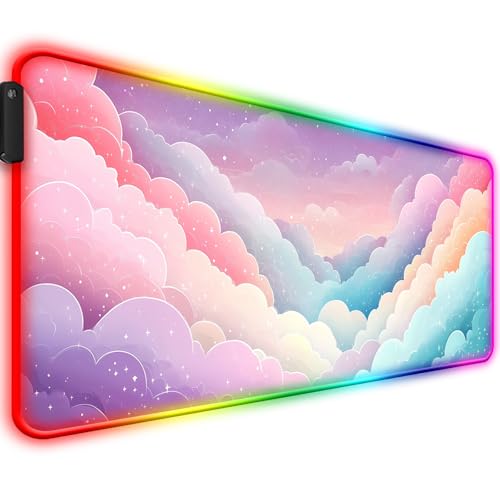 RGB Dreamy Colorful Cloud Star Gaming Desk Mat, XL Mouse Pad, Pink - color: Rgb-w08