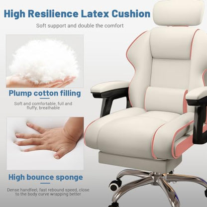 Executive Computer Chair Home Office Desk Chair,Adjustable Angle, Ergonomic Adjustable Height PU Leather Chairs with Cushions Armrest for Long Time Seating-High Office Chair with Footrest - color: White and Pink
