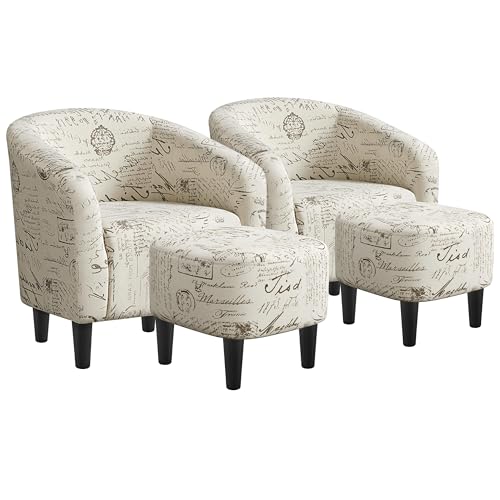 Yaheetech Compact Accent Chairs Set of 2 for Small Spaces, Letter Print | Compact Cozy Barrel Chairs with a Curved Silhouette, Upholstered Furry Armchair for Small Spaces, Living Room Bedroom Corner - color: Letter Print (Linen), style: with Ottoman