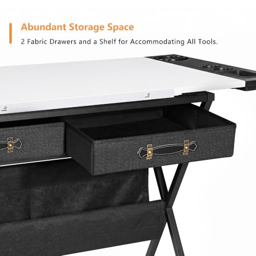 VECELO Drafting Table Art Desk Art Table Adjustable Drawing Table Tilted Tabletop with 2 Storage Drawers and Stool, Drawing Desk for Artist Painters Drawing, Crafting, Reading, Writing, White - color: White