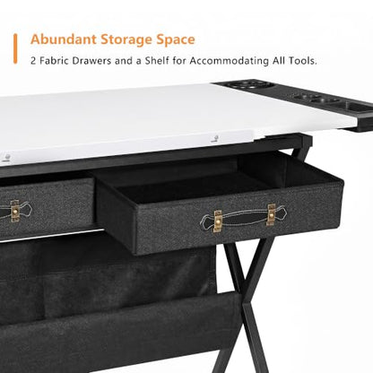 VECELO Drafting Table Art Desk Art Table Adjustable Drawing Table Tilted Tabletop with 2 Storage Drawers and Stool, Drawing Desk for Artist Painters Drawing, Crafting, Reading, Writing, White - color: White