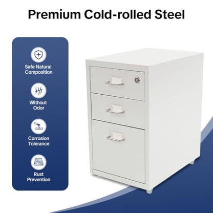 3-Drawer Metal Vertical File Cabinet, Narrow Mobile File Cabinet with Lock and 2 Keys, Under Desk Storage Drawer for Study Home-11 * 16 * 18.3in (White) - color: White