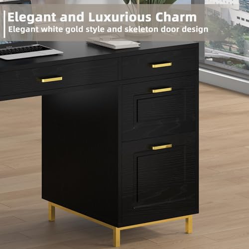 MaverickFurni Black Computer Desk with 7 Drawers, 57 Inch Home Office Desk with File Drawers, Wood Modern Desk with Storage for Bedroom, Executive Desk with Golden Legs and Handles, Black and Gold - color: Black