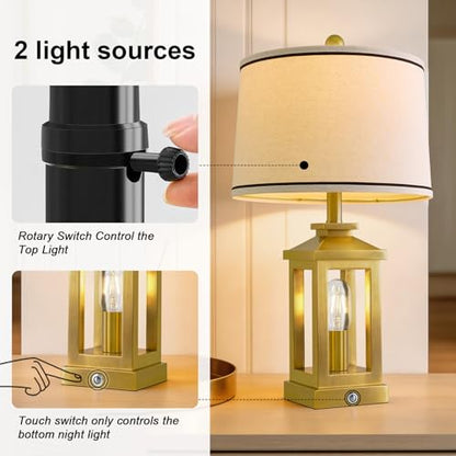 Modern Table Lamps Set of 2 for Living Room 23.75" Bedroom Nightstand Lamps | Touch Lamps with Three-level Dimming Nightlight, Bulbs Included, USB Charging Ports, Gold Modern Bedside Side Table Lamp - color: Metal Gold