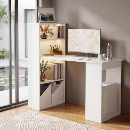 Tangkula White Computer Desk with Bookshelf, Writing Study Desk with Storage Shelves & CPU Stand, Modern Compact Computer Workstation for Home & Office, Space-Saving Design | Modern Compact Workstation w/Bookshelf Storage & CPU Stand, Space-Saving Design