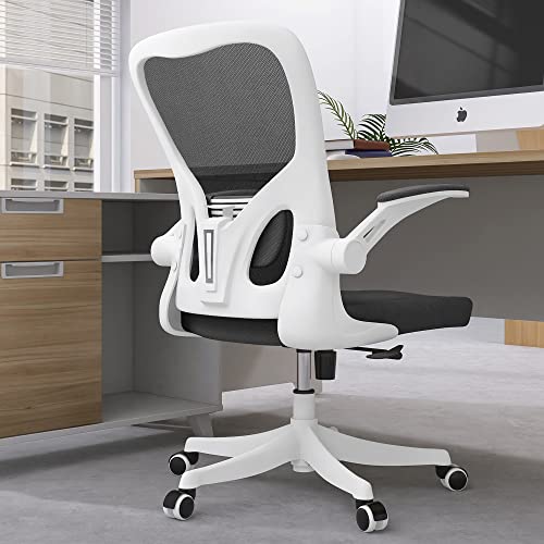 Monhey Office Chair - Ergonomic Office Chair with Lumbar Support & Flip Up Arms Home Office Desk Chairs Rockable High Back Swivel Computer Chair White Frame & Black Mesh Study Chair - color: White+black