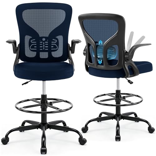 Drafting Chair for Standing Desk, Tall Office Chair with 22"-30" Seat Height &7" Lift Footrest Ring, Ergonomic Executive Mesh Computer Counter Stool with Lumbar Support &Flip-up Arms for Artist - color: Navy