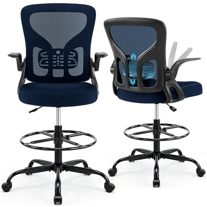 Drafting Chair for Standing Desk, Tall Office Chair with 22"-30" Seat Height &7" Lift Footrest Ring, Ergonomic Executive Mesh Computer Counter Stool with Lumbar Support &Flip-up Arms for Artist - color: Navy