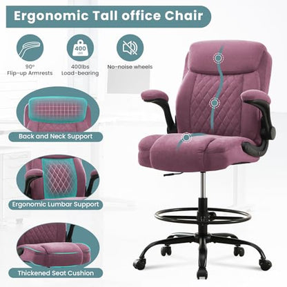 MAHOMICO Drafting Chair for Standing Desk – Tall Office Chair with Adjustable Height & Foot Ring, Flip-Up Arms, Lumbar Support – Comfortable Fabric Seat, Ideal Home Desk Chair - color: Purple