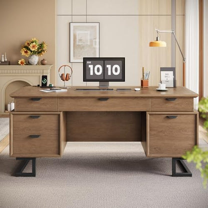 63" W x 27.6" D Executive Desk with 2 Cabinets & Power Outlet - color: Wood Grain Brown, size: Geometric Metal Legs