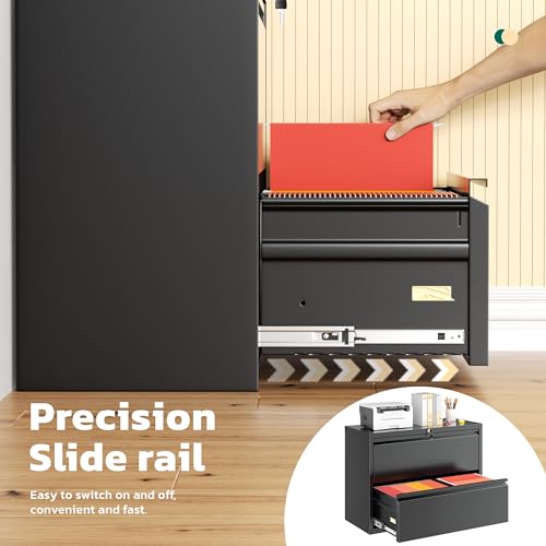 Greenvelly Lateral File Cabinet 2 Drawer, Black File Cabinet with Lock, Lockable Metal Filing Cabinet for Home Office, 2 Drawer File Cabinet for A4 & Letter Size Hanging Folders