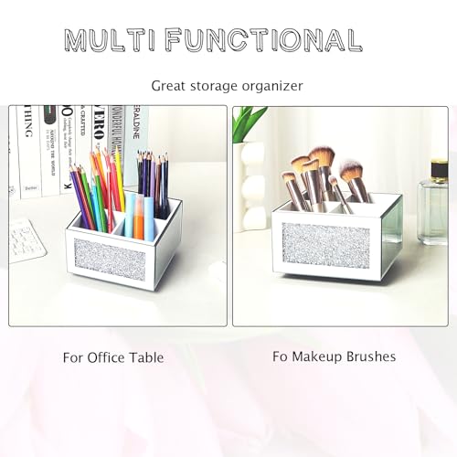 360 Rotating TV Remote Control Holder Caddy Storage for Table, Silver Bling Crushed Diamond Organizer for Pens and Pencils, Make Up Brushes