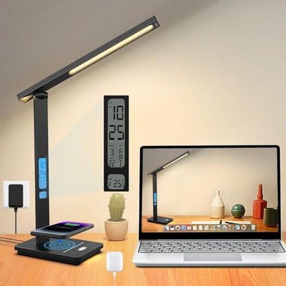 10 in 1 Smart Desk Lamp Led, Desk Light for Colleage Drom Room Office, Eye-Caring Table Lamp with Night Light, Lamp for Desk with 10W Wireless Charger, Dimmable Touch Lamp, Birthday Gifts for Women - color: Black-Pro