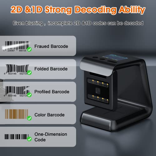 Alacrity 2D QR Wireless Barcode Scanner Hands-Free Omnidirectional Desktop Bar Code Scanner with Screen Display Compatible with Bluetooth & 2.4GHz Wireless for Airport Supermarket