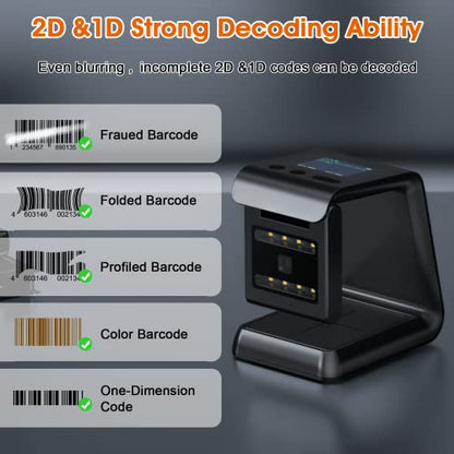 Alacrity 2D QR Wireless Barcode Scanner Hands-Free Omnidirectional Desktop Bar Code Scanner with Screen Display Compatible with Bluetooth & 2.4GHz Wireless for Airport Supermarket