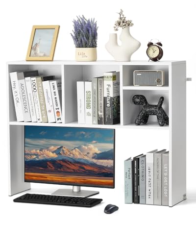VEVOR Desktop Bookshelf, Storage Organizer with 5 Shelves for Computer Desk, Wooden Shelf Desk Hutch with Anti-Slip Feet Pads, Desk Top Display Rack for Office, Home & Dorm, White - color: White, size: 4 Shelves