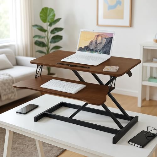 32 Inch Desk Converter, Height Adjustable Sit to Stand Riser, Dual Monitor and Laptop Workstation with Wide Keyboard Tray, Standing Computer Desk (Black+Walnut) - color: Black+walnut