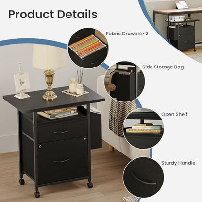 Simple Deluxe 2 Drawer File Cabinet with 24" Extended Desktop, Mobile Filing Cabinet, Rolling File Cabinet with Side Bag, Fabric Drawer, Fits A4/Letter Size, Printer Stand Home Office, Black - color: Black, size: 15"D x 24"W x 25.6"H (2 Drawers)