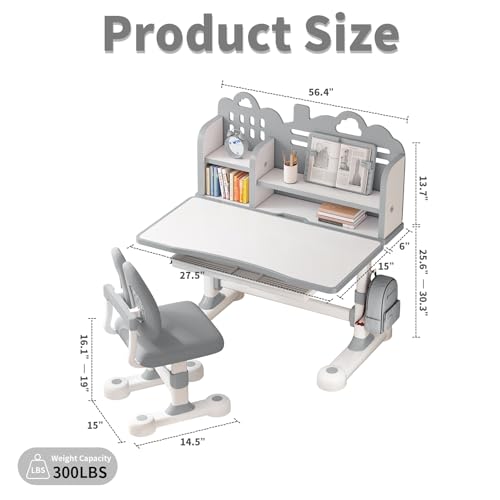 Kids Study Desk and Chair Set 3-12, Adjustable Children School Desk-10GREY | Height Adjustable | 50° Tilt Desktop | Book Stand & Metal Hook & Storage Drawer | Writing Drawing Table for Boys and Girls - color: 100-grey-27.5in