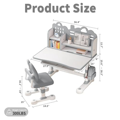 Kids Study Desk and Chair Set 3-12, Adjustable Children School Desk-10GREY | Height Adjustable | 50° Tilt Desktop | Book Stand & Metal Hook & Storage Drawer | Writing Drawing Table for Boys and Girls - color: 100-grey-27.5in