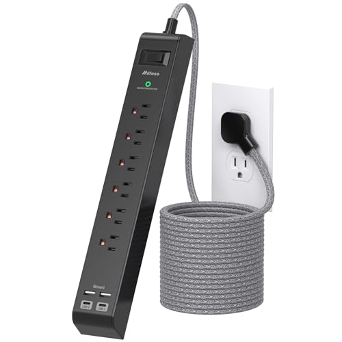 Surge Protector Power Strip 5FT, 10-in-1 with 6 AC Outlets 4 USB Ports(2 USB-C), Ultra Flat Plug Braided Extension Cord, Wall Mountable, 1080J Surge Protection, Black - color: Black, size: 5FT